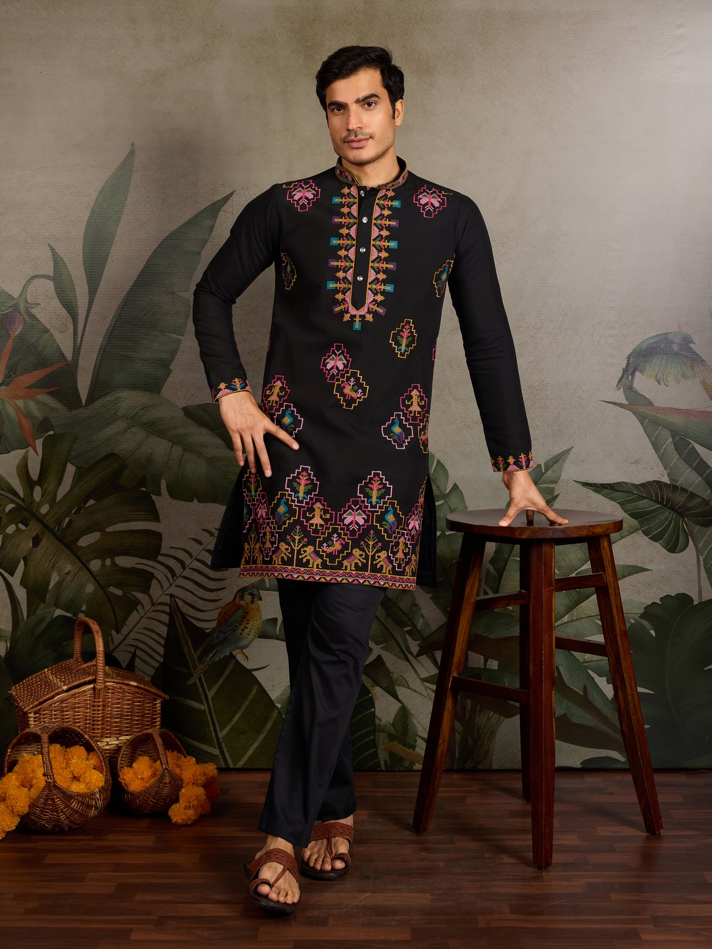 Black Embroidered Cotton Kurta for Men – Royal Festive & Party Wear