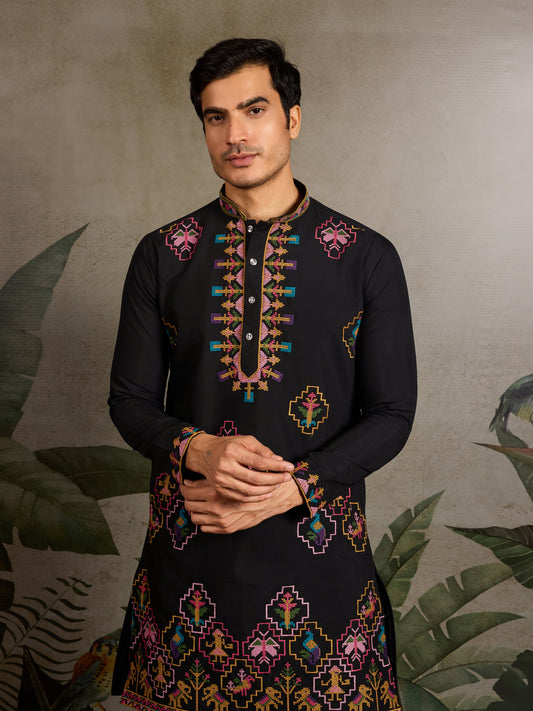 Black Embroidered Cotton Kurta for Men – Royal Festive & Party Wear