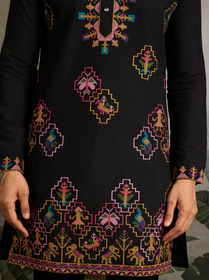 Black Embroidered Cotton Kurta for Men – Royal Festive & Party Wear