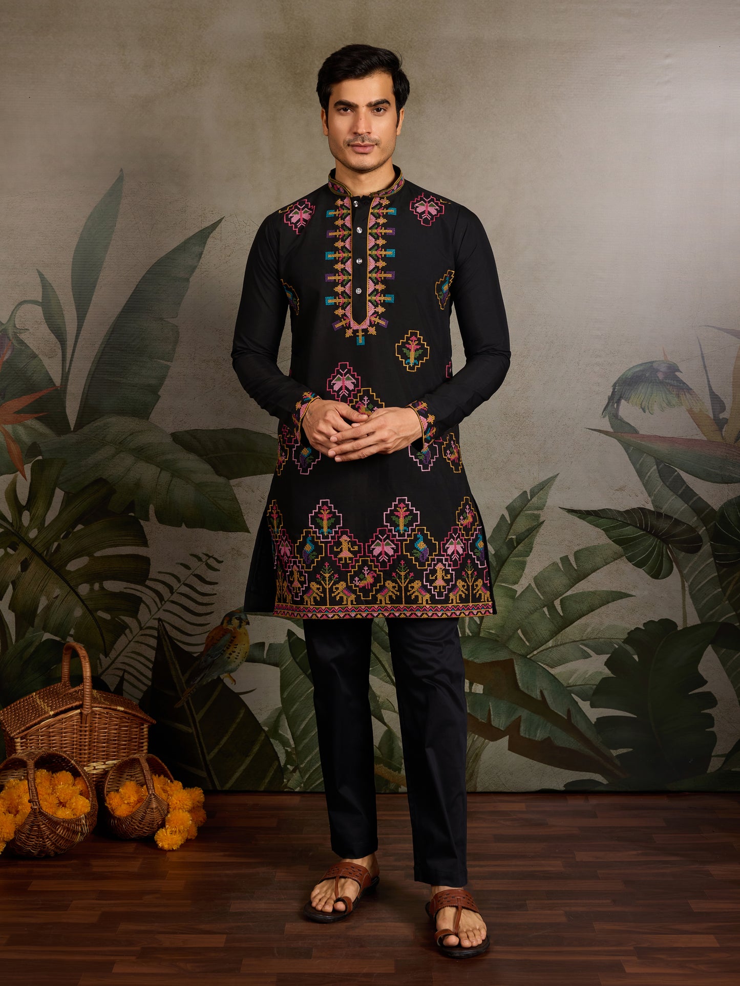 Black Embroidered Cotton Kurta for Men – Royal Festive & Party Wear