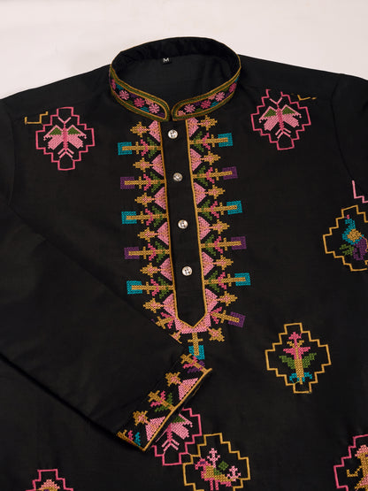 Black Embroidered Cotton Kurta for Men – Royal Festive & Party Wear