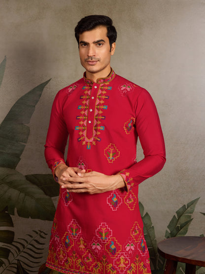 Crimson Heritage:- Red Embroidered Festive Kurta for Men