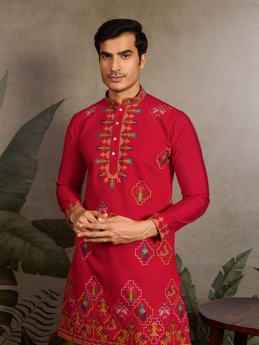 Crimson Heritage:- Red Embroidered Festive Kurta for Men