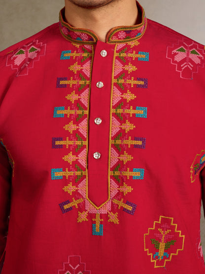 Crimson Heritage:- Red Embroidered Festive Kurta for Men