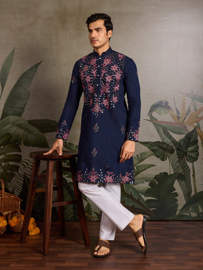 Navy Blue Floral Embroidered Kurta for Men | Festive & Wedding Wear