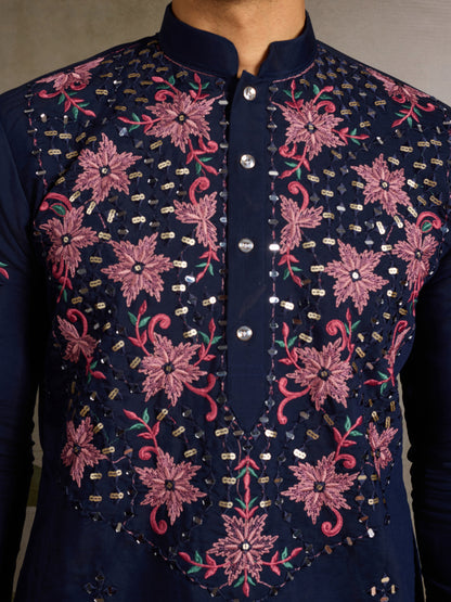 Navy Blue Floral Embroidered Kurta for Men | Festive & Wedding Wear