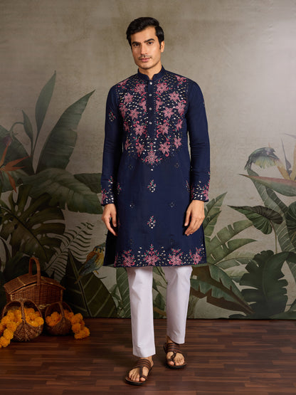 Navy Blue Floral Embroidered Kurta for Men | Festive & Wedding Wear