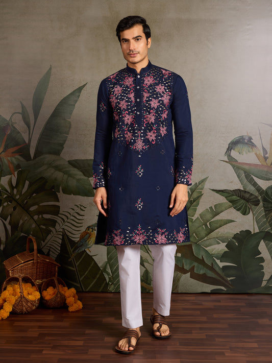 Navy Blue Floral Embroidered Kurta for Men | Festive & Wedding Wear