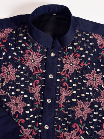 Navy Blue Floral Embroidered Kurta for Men | Festive & Wedding Wear