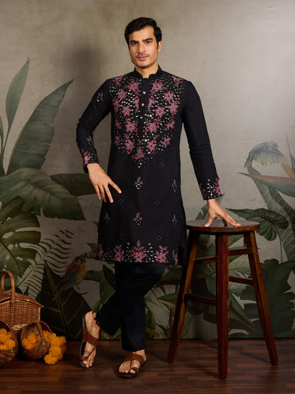 Black Floral Embroidered Kurta for Men | Festive & Party Wear