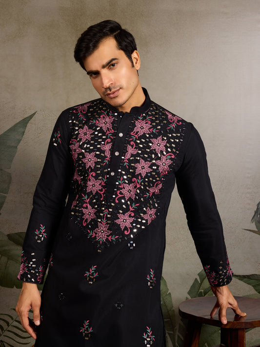 Black Floral Embroidered Kurta for Men | Festive & Party Wear