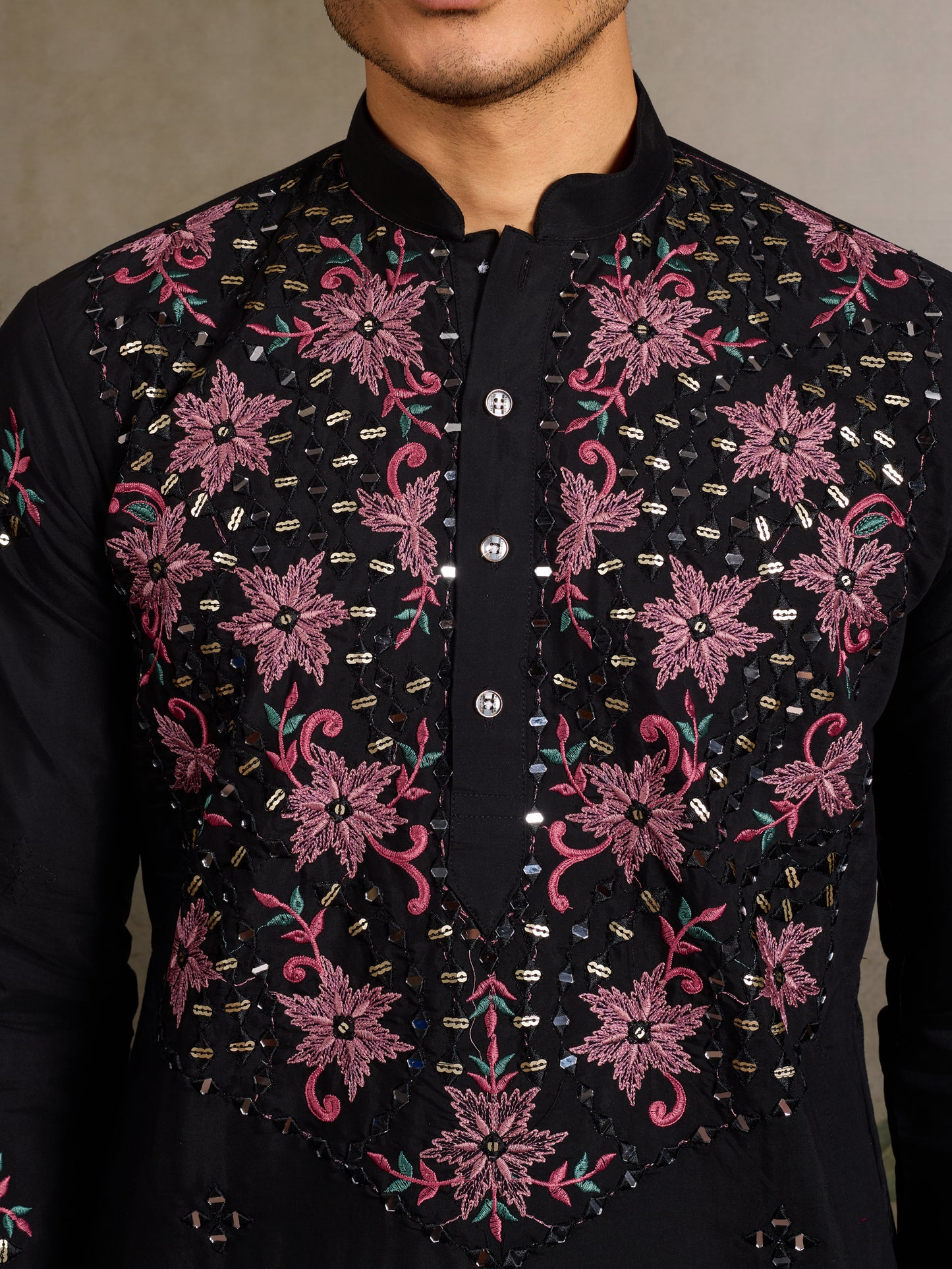Black Floral Embroidered Kurta for Men | Festive & Party Wear