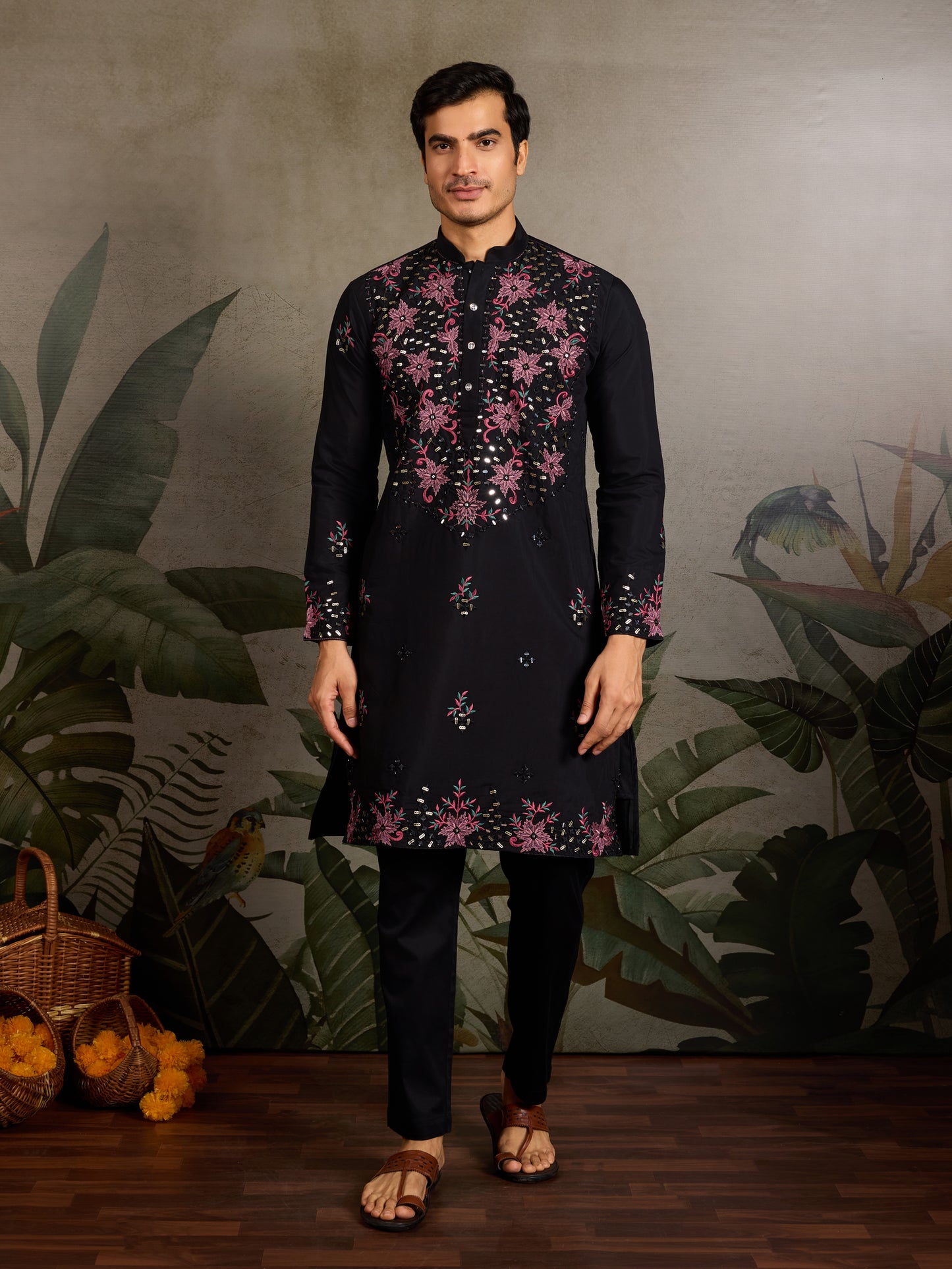 Black Floral Embroidered Kurta for Men | Festive & Party Wear