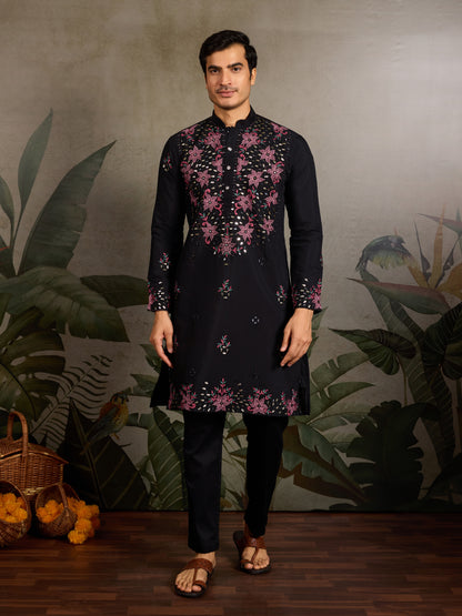 Black Floral Embroidered Kurta for Men | Festive & Party Wear