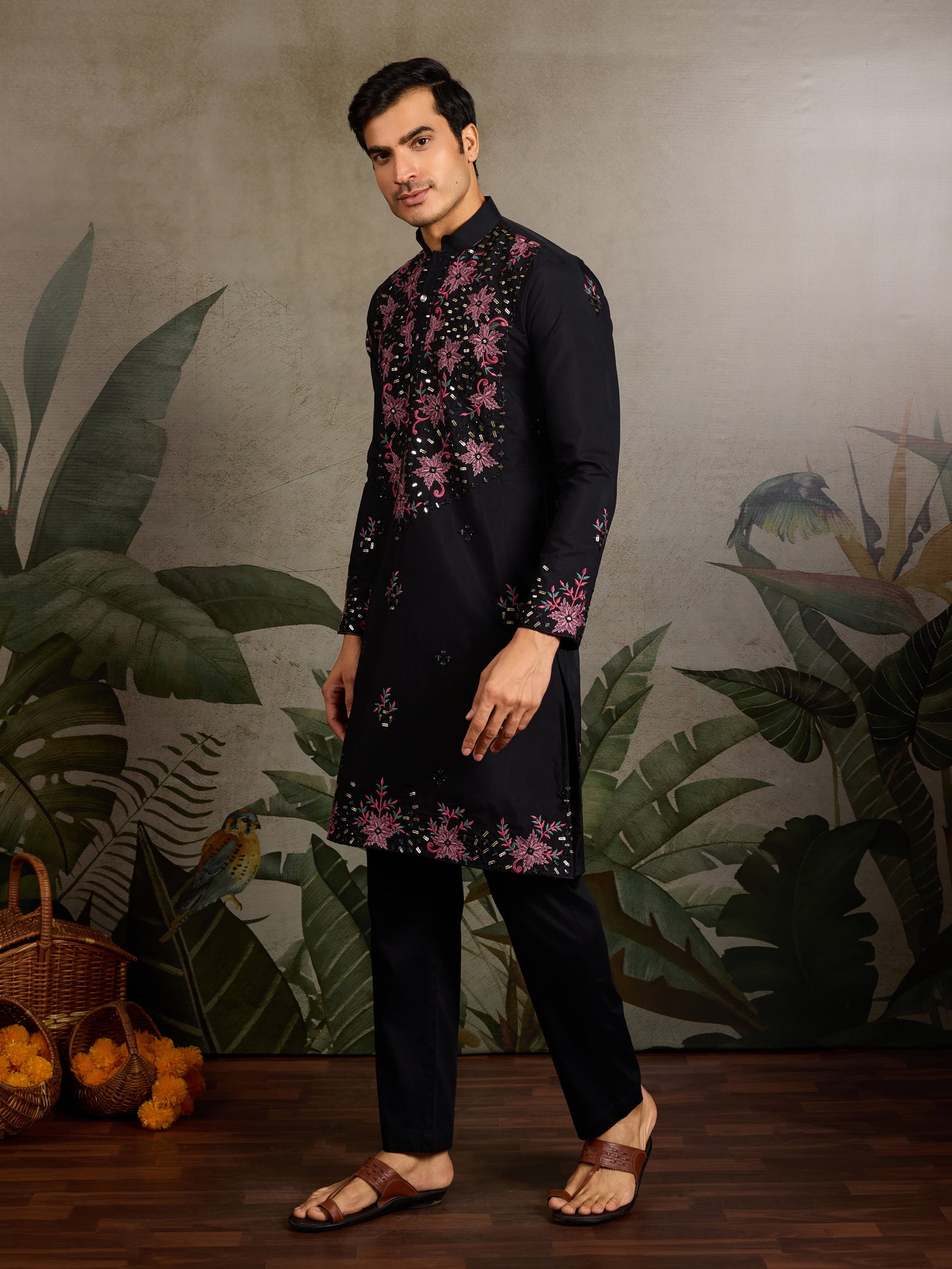Black Floral Embroidered Kurta for Men | Festive & Party Wear