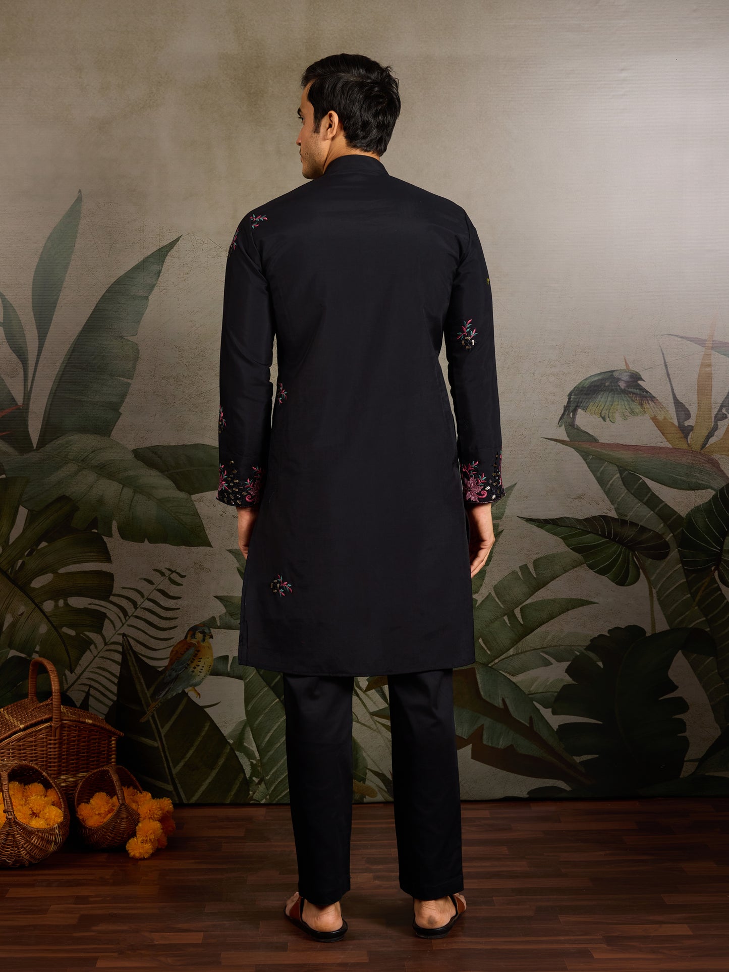 Black Floral Embroidered Kurta for Men | Festive & Party Wear