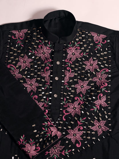 Black Floral Embroidered Kurta for Men | Festive & Party Wear