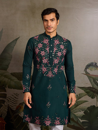Green Floral Embroidered Kurta for Men | Festive & Wedding Wear