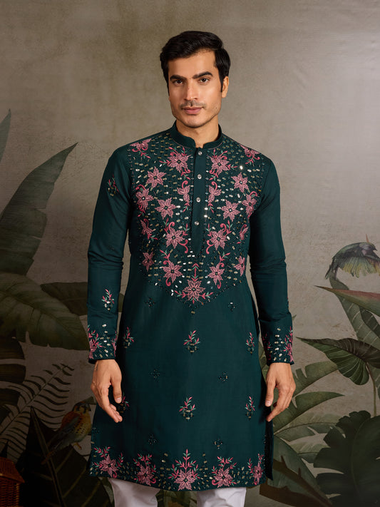 Green Floral Embroidered Kurta for Men | Festive & Wedding Wear