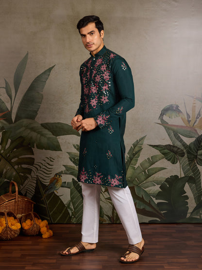 Green Floral Embroidered Kurta for Men | Festive & Wedding Wear
