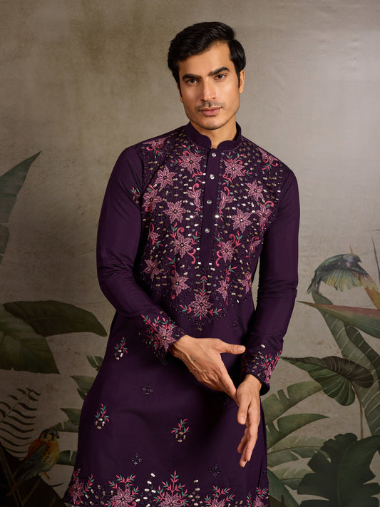 Royal Purple Embroidered Kurta for Men | Elegant Festive & Wedding Wear