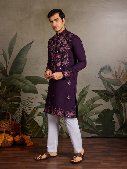 Royal Purple Embroidered Kurta for Men | Elegant Festive & Wedding Wear