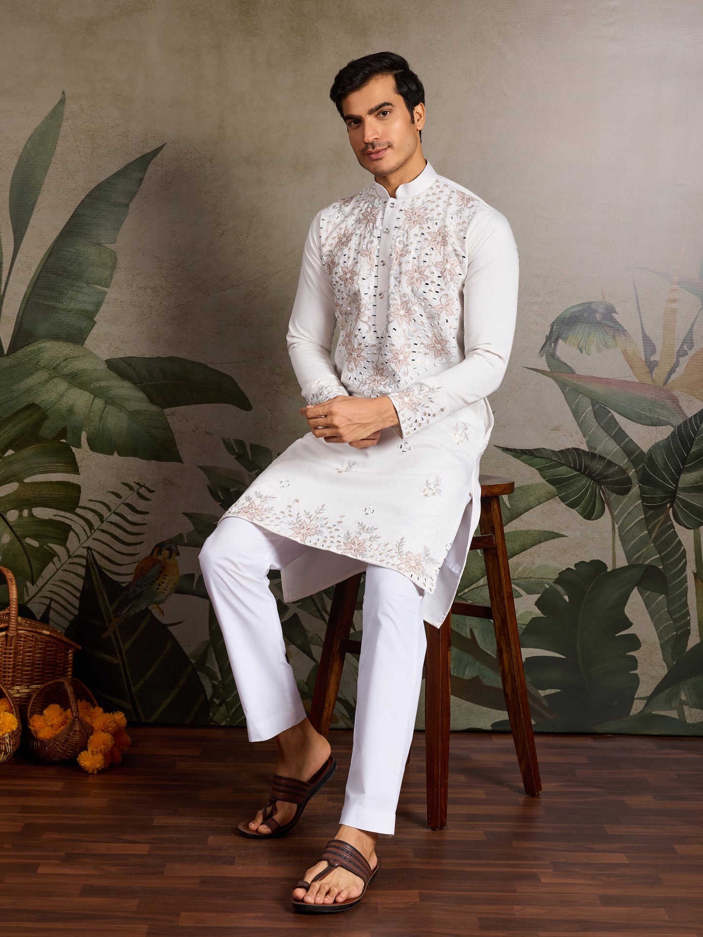 Ivory Charm – Hand-Embroidered Mirror Work Kurta