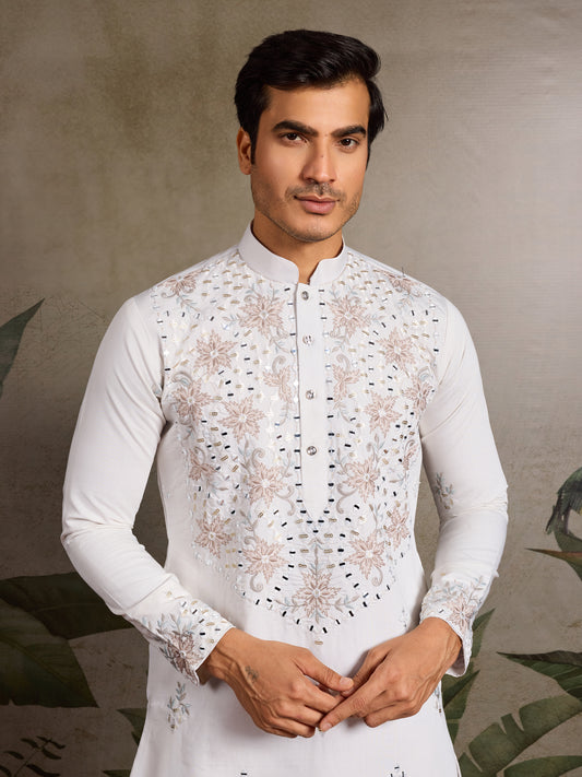 Ivory Charm – Hand-Embroidered Mirror Work Kurta