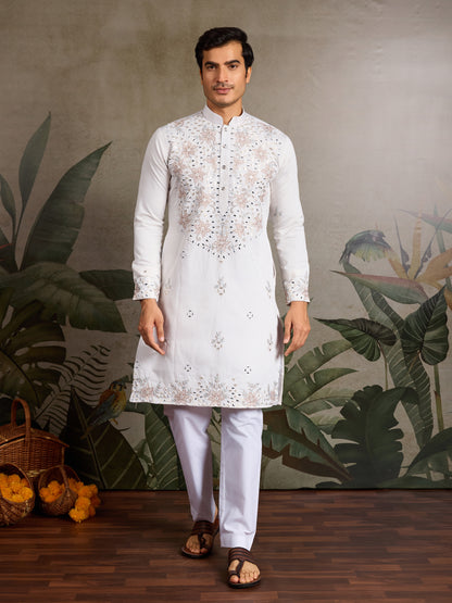 Ivory Charm – Hand-Embroidered Mirror Work Kurta