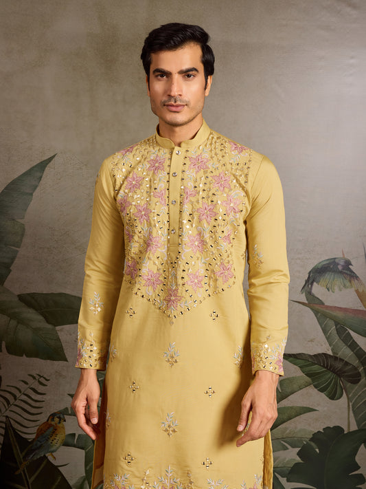 Yellow Kurta with Pink Floral Embroidery & Mirror Work