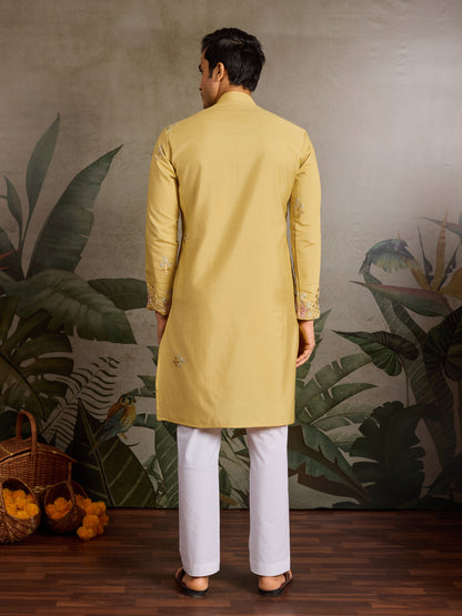 Yellow Kurta with Pink Floral Embroidery & Mirror Work