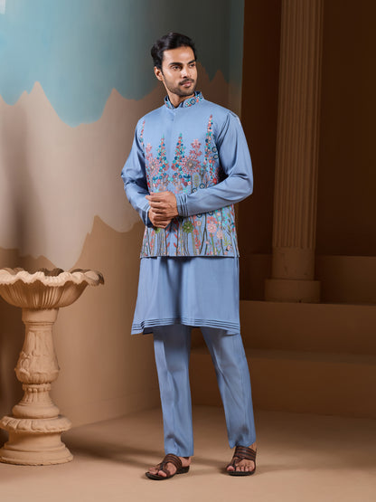 Sky Bloom Embroidered Festive Kurta Set – Elegant Blue Ethnic Wear for Men