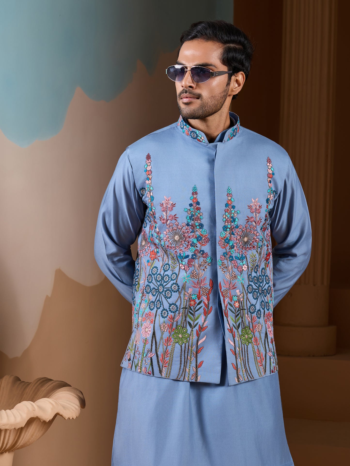Sky Bloom Embroidered Festive Kurta Set – Elegant Blue Ethnic Wear for Men