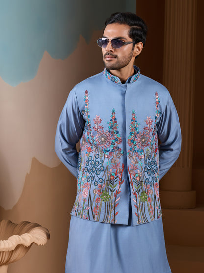 Sky Bloom Embroidered Festive Kurta Set – Elegant Blue Ethnic Wear for Men