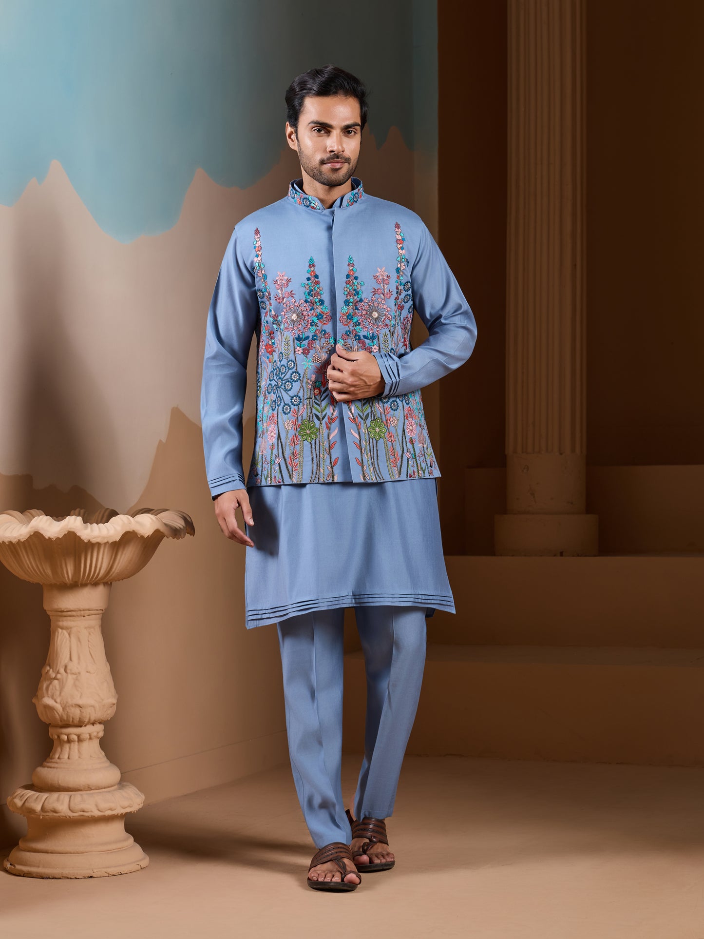 Sky Bloom Embroidered Festive Kurta Set – Elegant Blue Ethnic Wear for Men