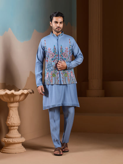 Sky Bloom Embroidered Festive Kurta Set – Elegant Blue Ethnic Wear for Men