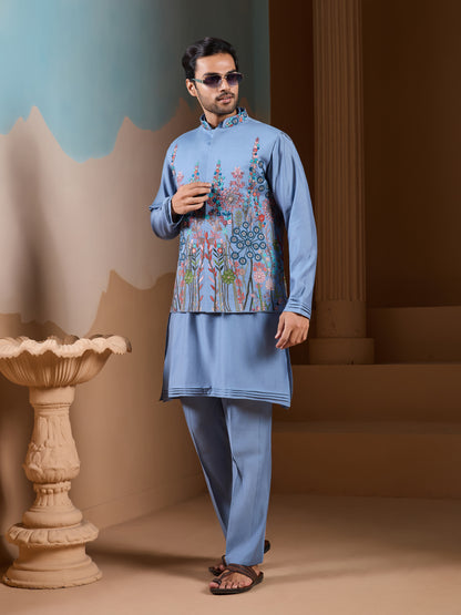 Sky Bloom Embroidered Festive Kurta Set – Elegant Blue Ethnic Wear for Men