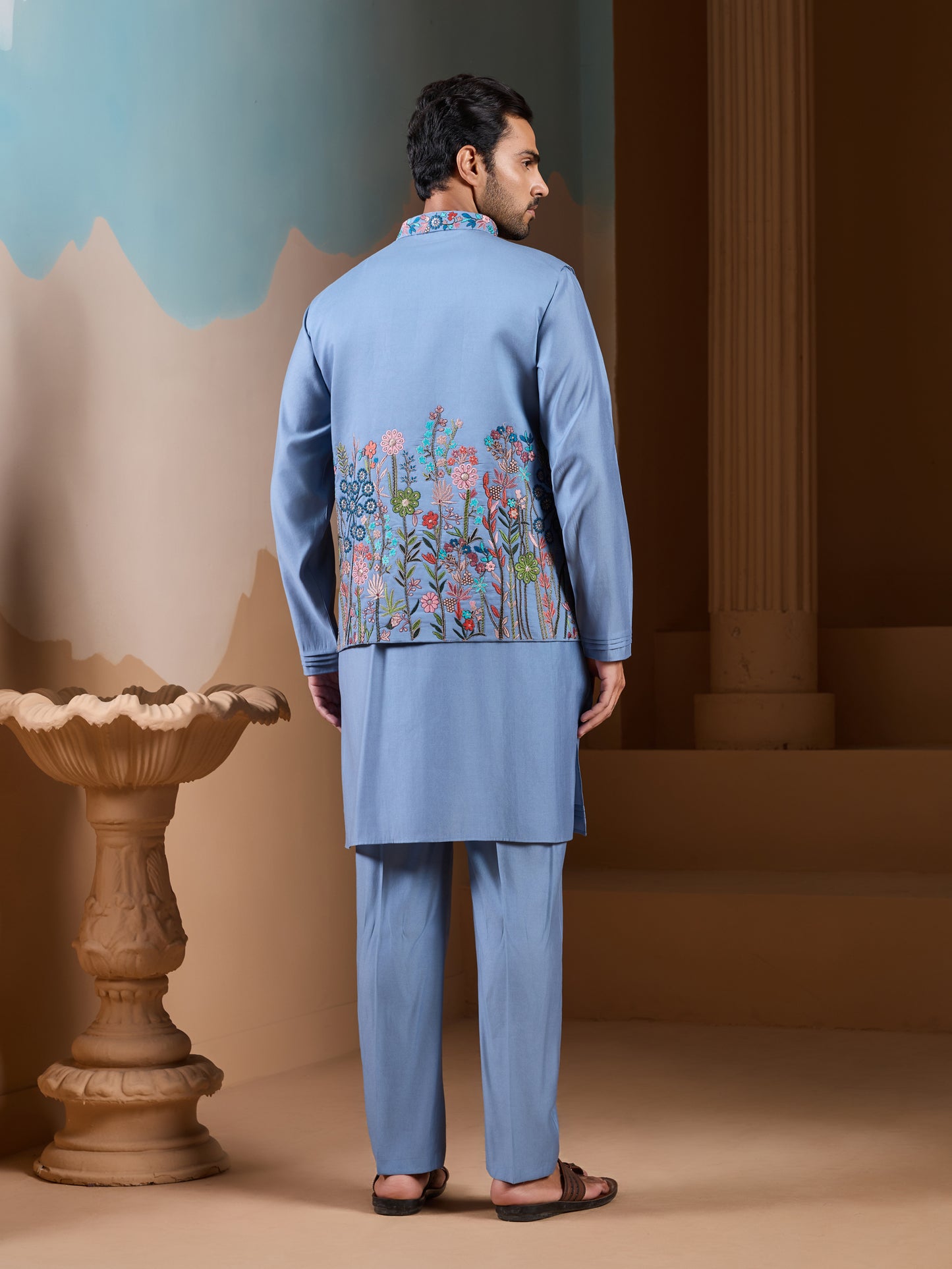 Sky Bloom Embroidered Festive Kurta Set – Elegant Blue Ethnic Wear for Men