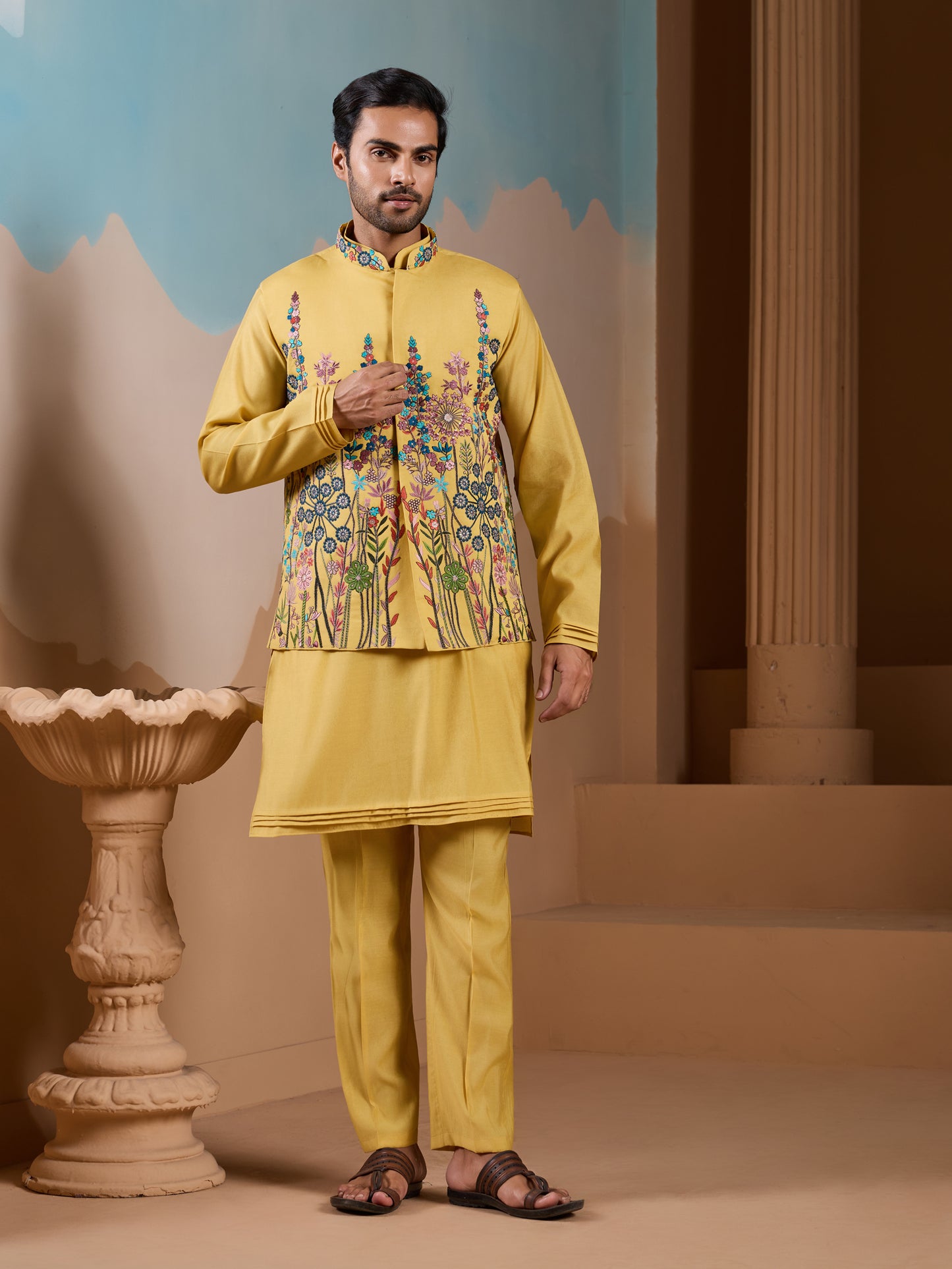 Golden Bloom Embroidered Kurta Set – Festive Luxury Wear for Men