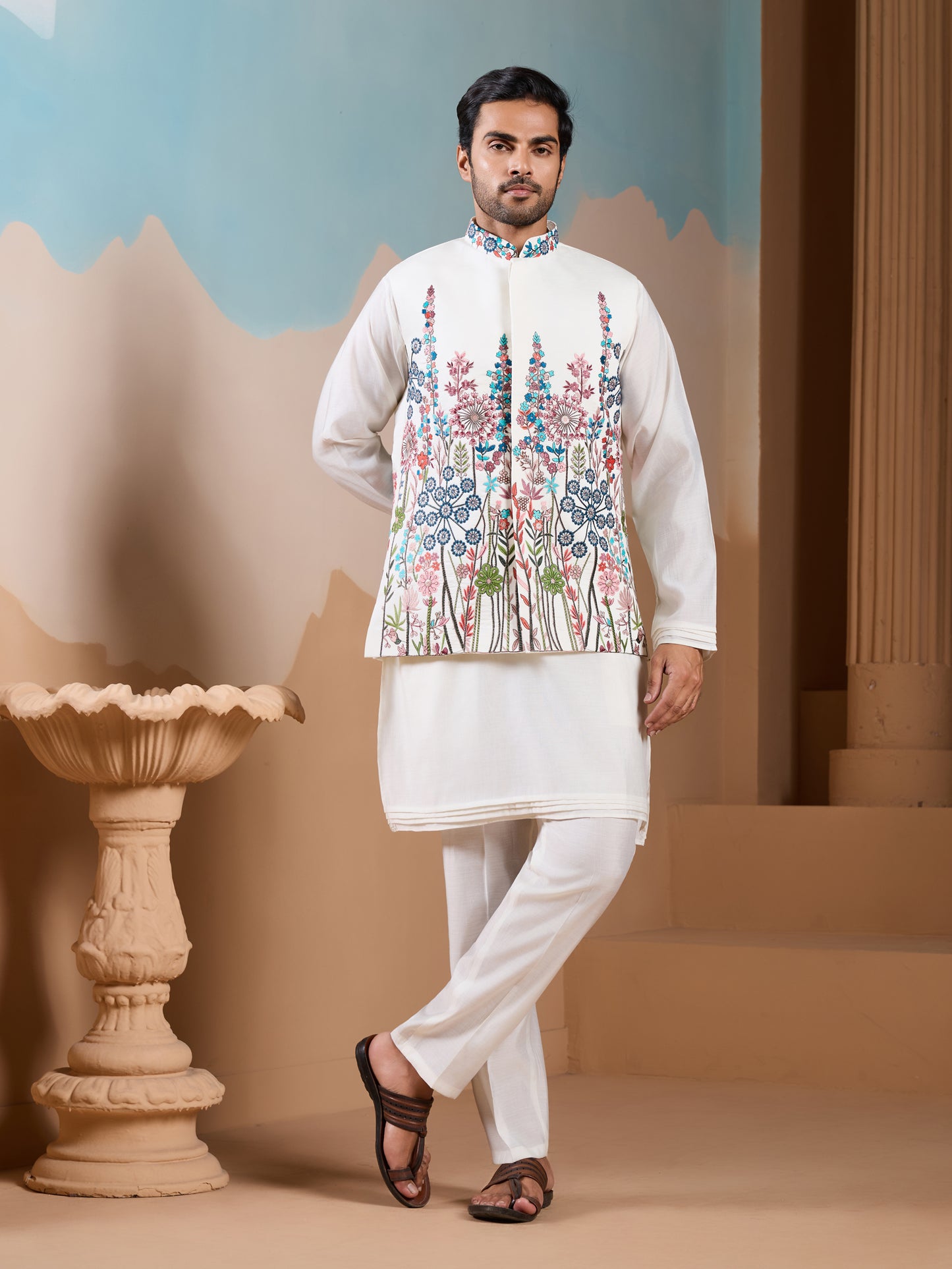 Ivory Bloom Hand-Embroidered Men’s Kurta Set – Festive Floral Elegance