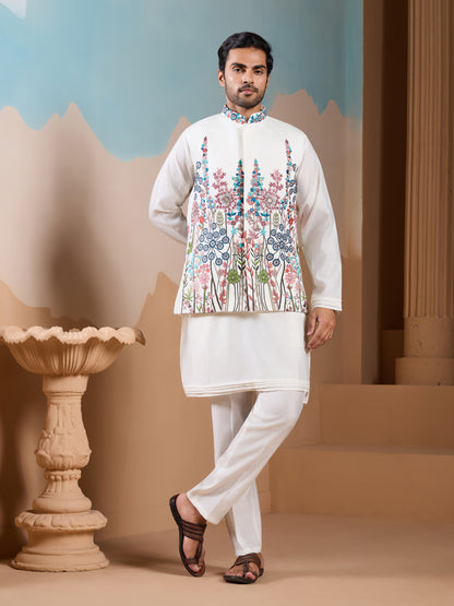 Ivory Bloom Hand-Embroidered Men’s Kurta Set – Festive Floral Elegance