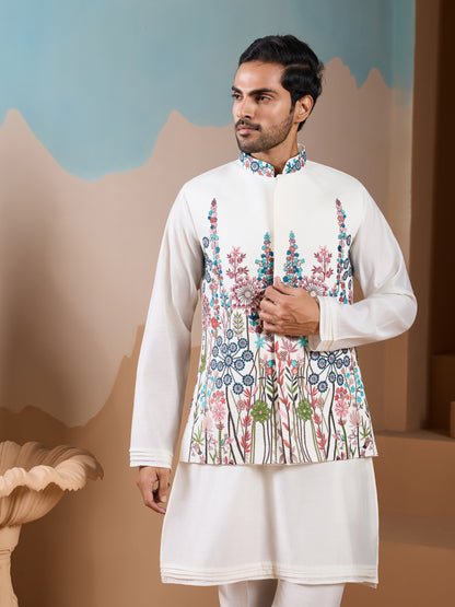 Ivory Bloom Hand-Embroidered Men’s Kurta Set – Festive Floral Elegance