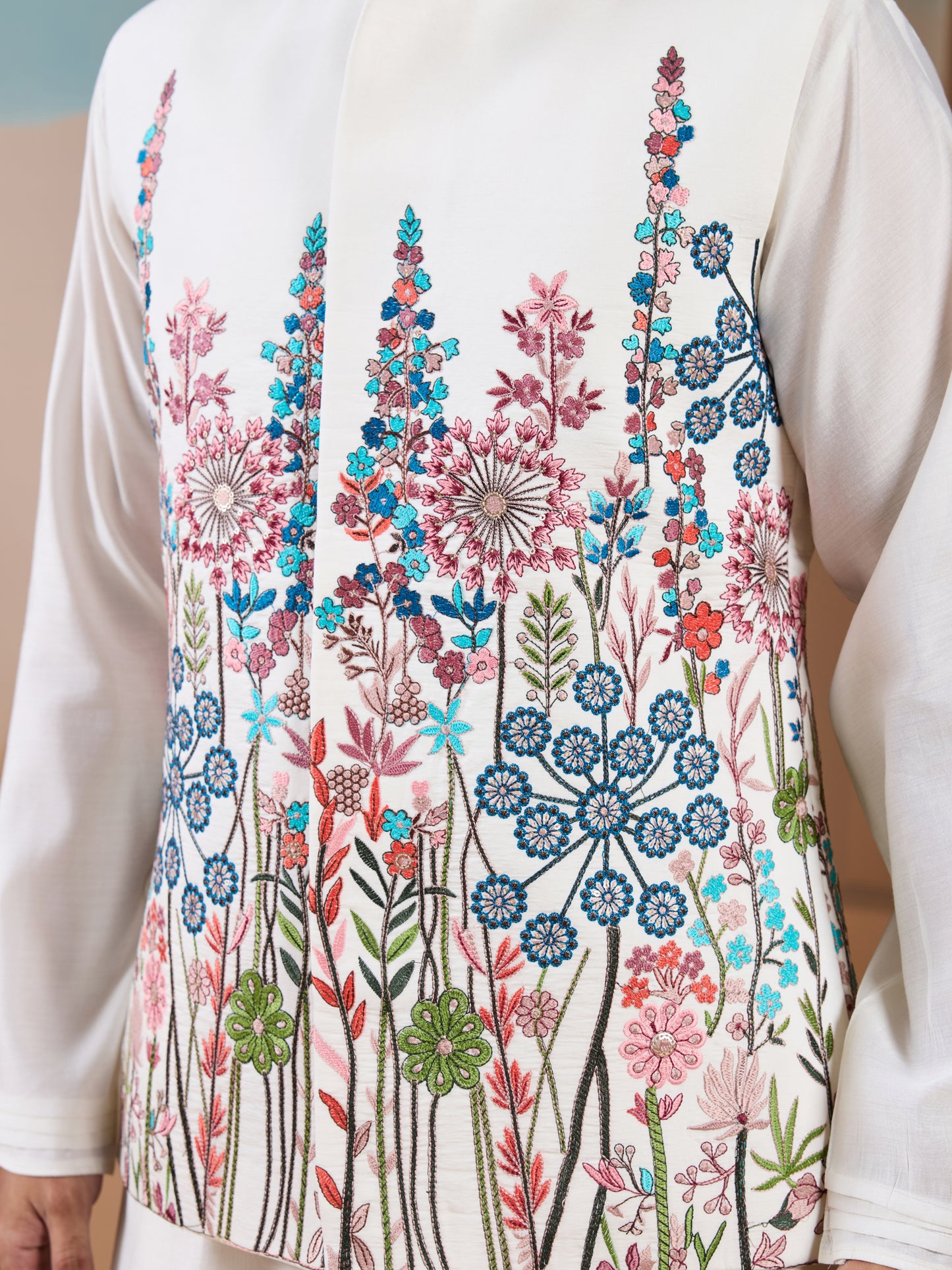 Ivory Bloom Hand-Embroidered Men’s Kurta Set – Festive Floral Elegance