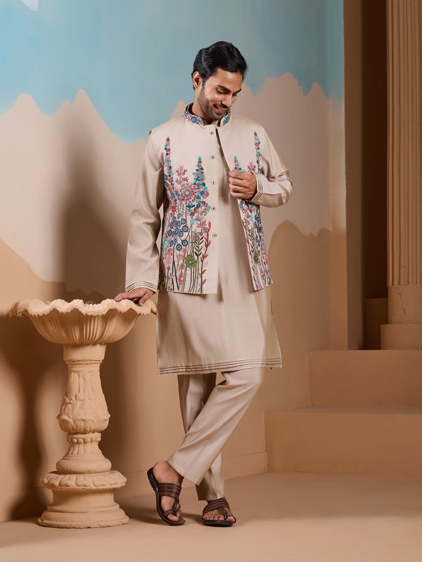 Sandstone Meadow Embroidered Men’s Kurta Set – Luxe Pastel Floral Work