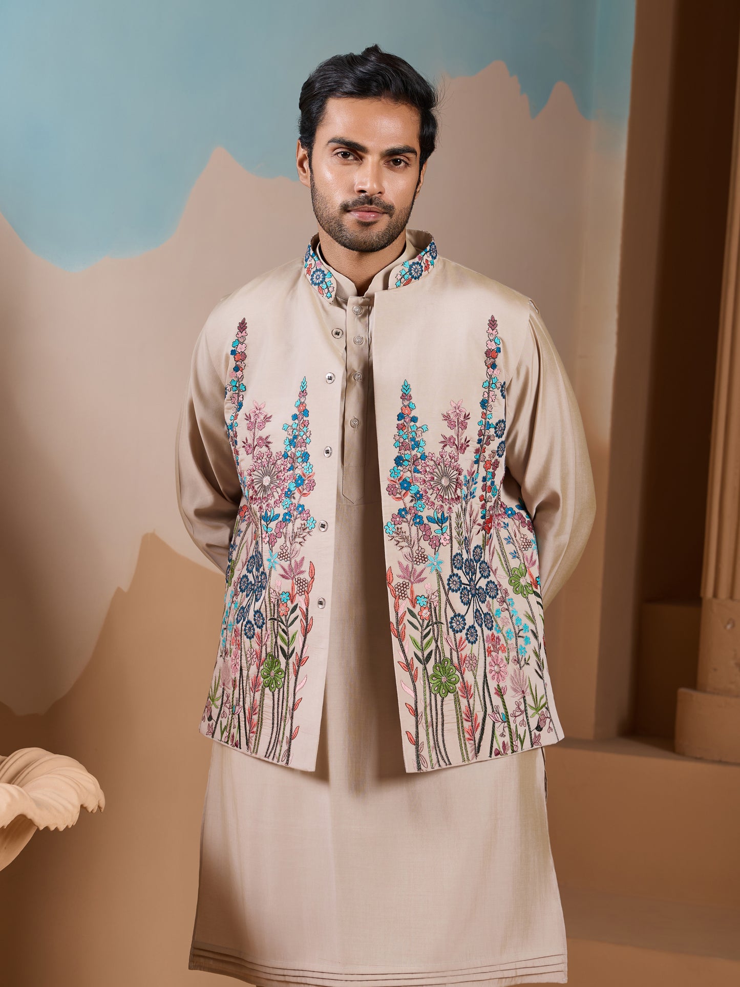 Sandstone Meadow Embroidered Men’s Kurta Set – Luxe Pastel Floral Work