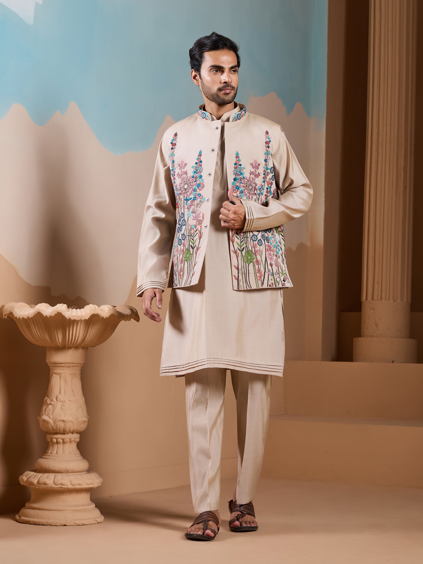 Sandstone Meadow Embroidered Men’s Kurta Set – Luxe Pastel Floral Work