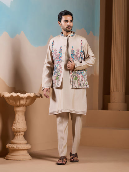 Sandstone Meadow Embroidered Men’s Kurta Set – Luxe Pastel Floral Work
