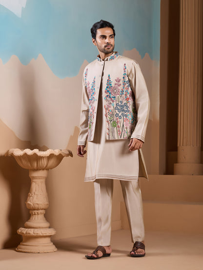 Sandstone Meadow Embroidered Men’s Kurta Set – Luxe Pastel Floral Work