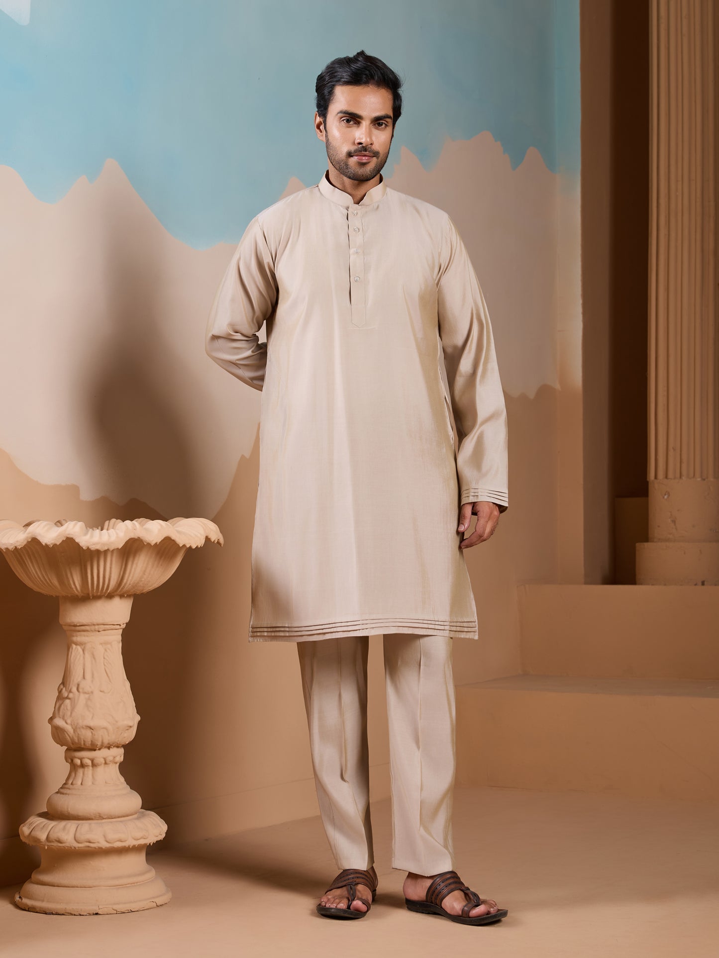 Sandstone Meadow Embroidered Men’s Kurta Set – Luxe Pastel Floral Work