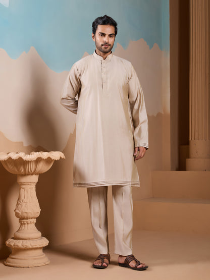 Sandstone Meadow Embroidered Men’s Kurta Set – Luxe Pastel Floral Work